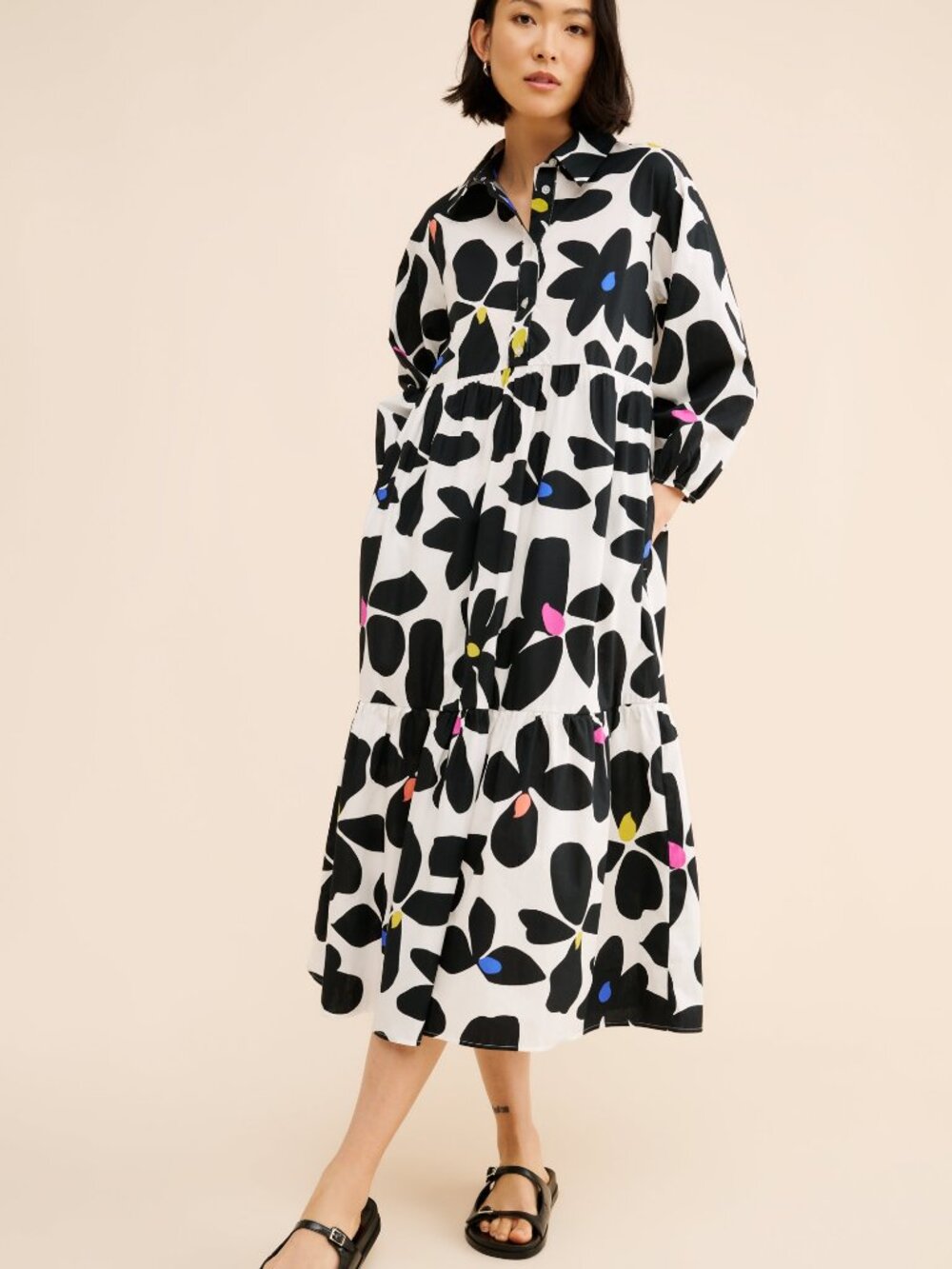 Maeve The Bettina Tiered Shirt Dress Black Size XS Petite
